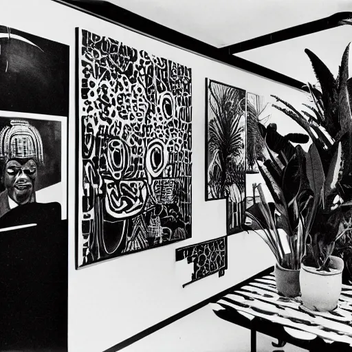 Image similar to A black and white photo in sérigraphie of an exhibition space with works of Sun Ra, Marcel Duchamp and tropical plants, 60s style, art magazine