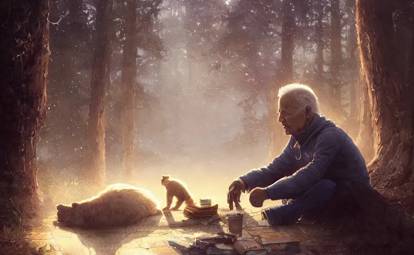 Prompt: highly detailed portrait of joe biden as a homeless, talking to his bear reflection, stephen bliss, unreal engine, fantasy art by greg rutkowski, loish, rhads, ferdinand knab, makoto shinkai and lois van baarle, ilya kuvshinov, rossdraws, tom bagshaw, global illumination, radiant light, detailed and intricate environment