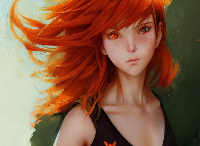 Image similar to portrait Anime Girl with orange hair and freckles, green eyes fine face pretty face, realistic shaded Perfect face, fine details. Anime. by katsuhiro otomo magali villeneuve, artgerm, rutkowski Jeremy Lipkin and Giuseppe Dangelico Pino and Michael Garmash and Rob Rey