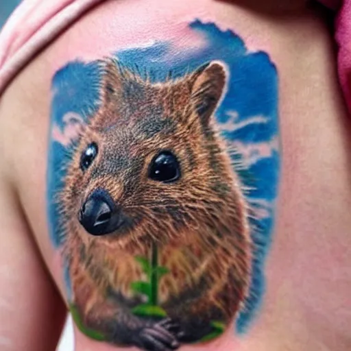 Image similar to a realistic tattoo of a quokka riding a bicycle