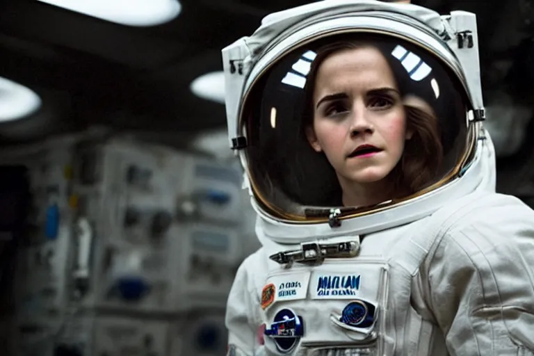 Image similar to medium shot of Emma Watson as an astronaut in Interstellar (2014 film), detailed face, movie still, promotional image, imax 70 mm footage