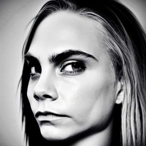 Image similar to minimalistic black and white portrait of cara delevigne, ink on canvas, trending on artstation, eyes, eyebrows, nose, lips, detailed, art