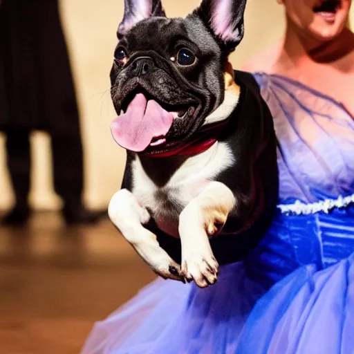 Prompt: professional stage photography of a french bulldog in an opera gown