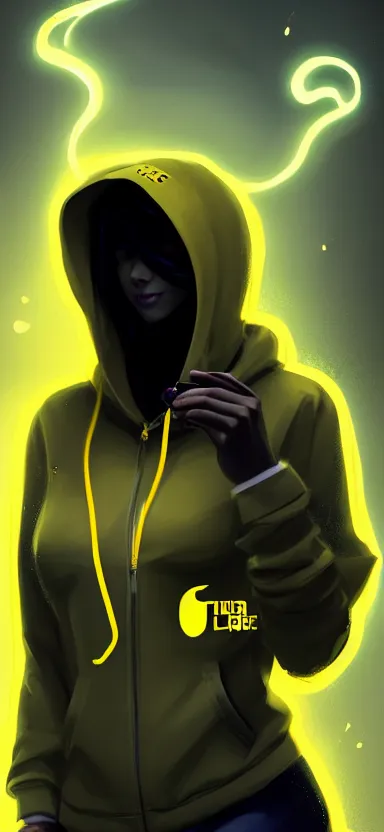 Image similar to a vtuber model concept art of a beautiful girl in a black and yellow hoodie typing in an iphone, full body art, artstation, digital art, smiling face, commission art, style by jordan grimmer and greg rutkowski, 4 k resolution