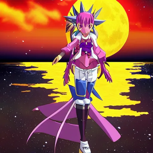 Prompt: sakuyamon from Digimon Tamers in front of the moon by a beautiful lake, sakura petals around her, night time, anime, key art, promo art, Digimon