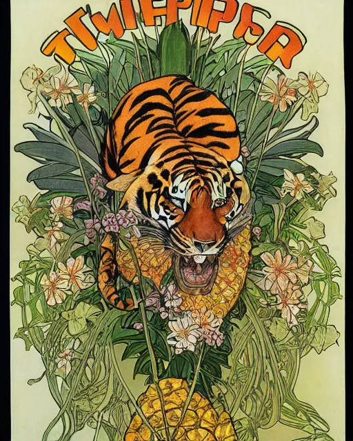 Prompt: Poster of a tiger skull with pineapple leaves growing out of the top art surrounded by varities of flowers, cell shading, by Alphonse Mucha, Moebius, hiroshi yoshida, Art Nouveau, colorful, ultradetailed, vivid colour, 3d