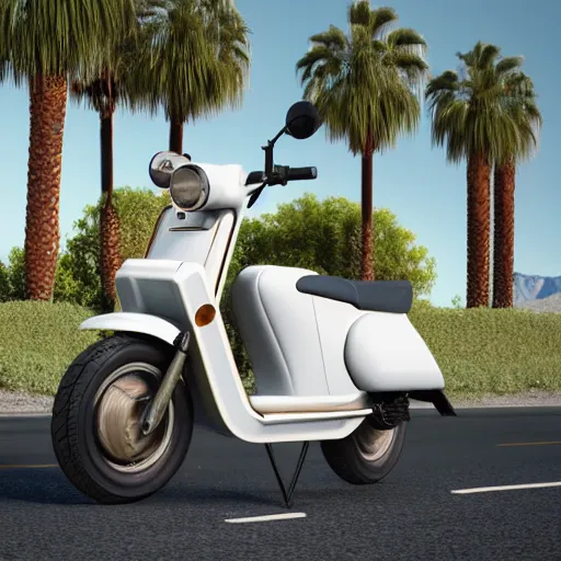 Prompt: 1 9 8 7 honda elite scooter on palm springs road, octane render, 3 d,