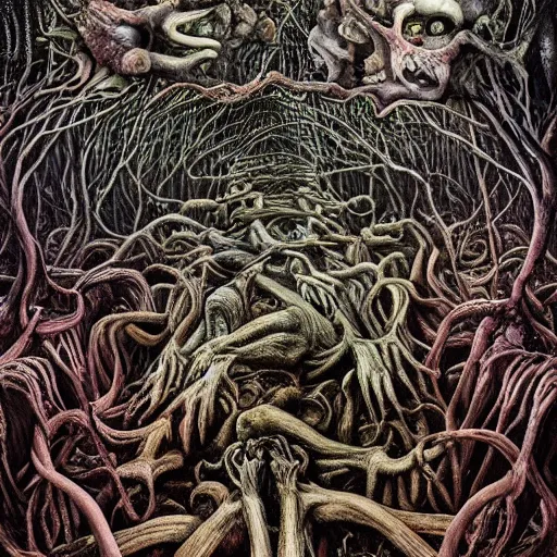 Image similar to forest of human bodies and viscera by godmachine keith thompson horror art psychedelic trippy messy viscera visceral bodies death horror creepy faces organic forests