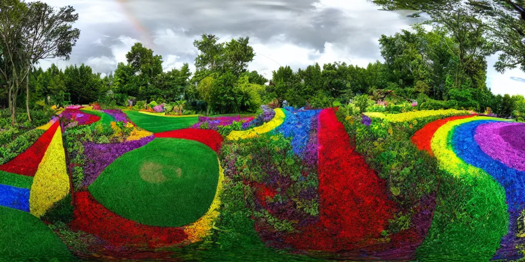 Image similar to equirectangular view of a rainbow garden