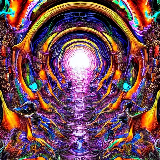 Prompt: portal into a psychotic and unstable dimension, vivid, hyper detailed, chaotic, bizarre, insane, digital art,