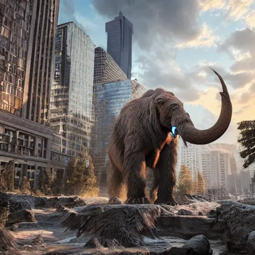 Prompt: mammoth in seattle, hyper detailed, dramatic lighting, cgsociety, realistic, hyper detailed, insane details, intricate, dramatic lighting, hypermaximalist, golden ratio, rule of thirds, octane render, weta digital, micro details, ultra wide angle, artstation trending, 8 k,