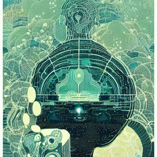 Prompt: detailed illustration of a technological deity by victo ngai