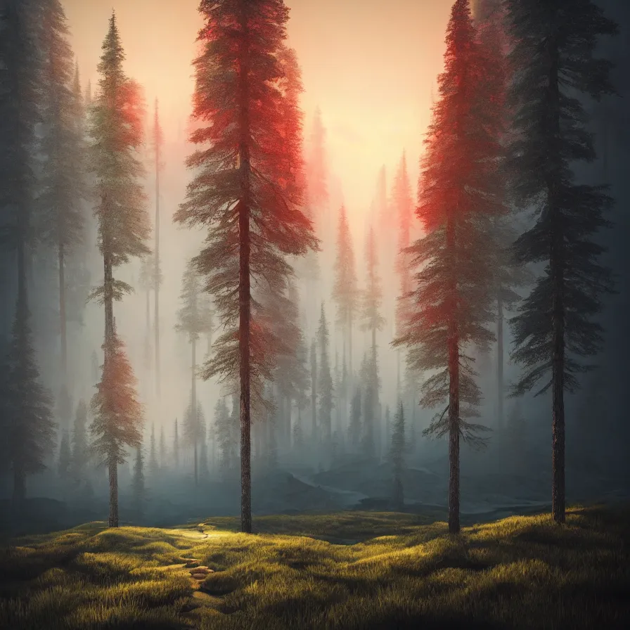 Image similar to surrealist abstract art of one natural path leading to the horizon through giant pine forests down rocky mountains towards a majestic valley during sunset. atmospheric foggy landscape, soft tones, psychedelic, ultra realistic, concept art, modern art, photorealistic, octane render.