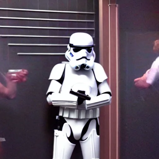 Prompt: a stormtrooper doing a standup routine at a comedy club