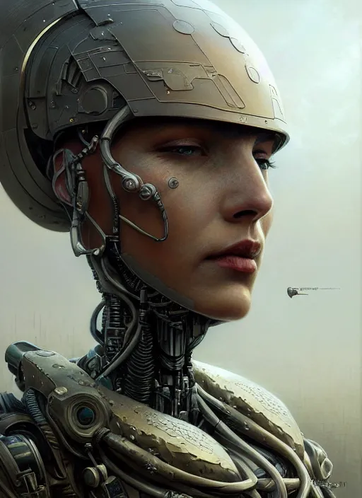 Prompt: closeup portrait shot of a robot soldier in a scenic dystopian environment, intricate, elegant, highly detailed, centered, digital painting, artstation, concept art, smooth, sharp focus, illustration, artgerm, tomasz alen kopera, peter mohrbacher, donato giancola, joseph christian leyendecker, wlop, boris vallejo