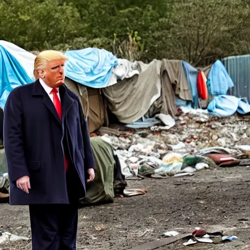 Image similar to donald trump dressed as a homeless man living in the slums