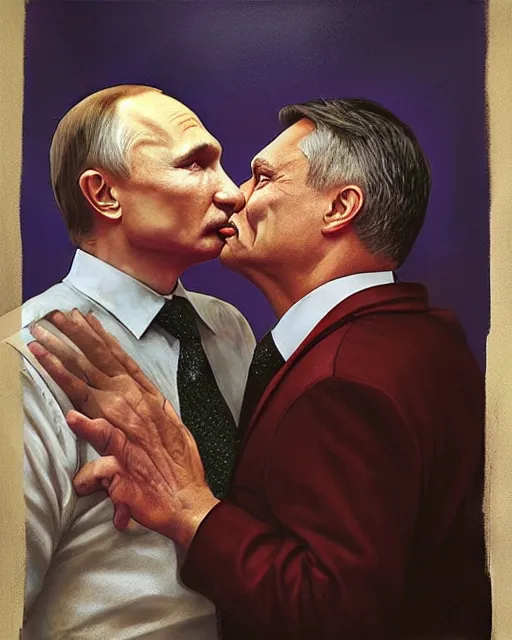 Prompt: photorealistic picture of Putin and Viktor orban kissing by Mandy Jurgens and Richard Schmid and chuck close and mucha