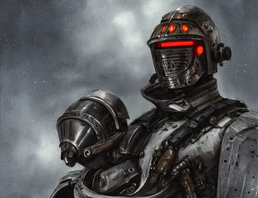Prompt: a detailed portrait painting of a lone bounty hunter wearing combat armour and a reflective visor. Head and chest only. Dieselpunk elements. Movie scene, cinematic sci-fi scene. Flight suit, cloth and metal, accurate anatomy. Samurai influence, knight influence. fencing armour. portrait symmetrical and science fiction theme with lightning, aurora lighting. clouds and stars. Atmospheric. Clean design, smooth oil paint. Futurism by beksinski carl spitzweg moebius and tuomas korpi. baroque elements. baroque element. intricate artwork by caravaggio. Oil painting. Trending on artstation. 8k
