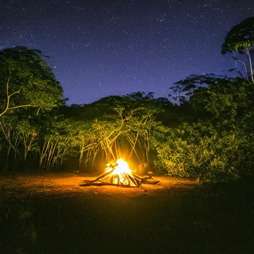 Prompt: amazon rainforest at night, campfire, moon in the sky,