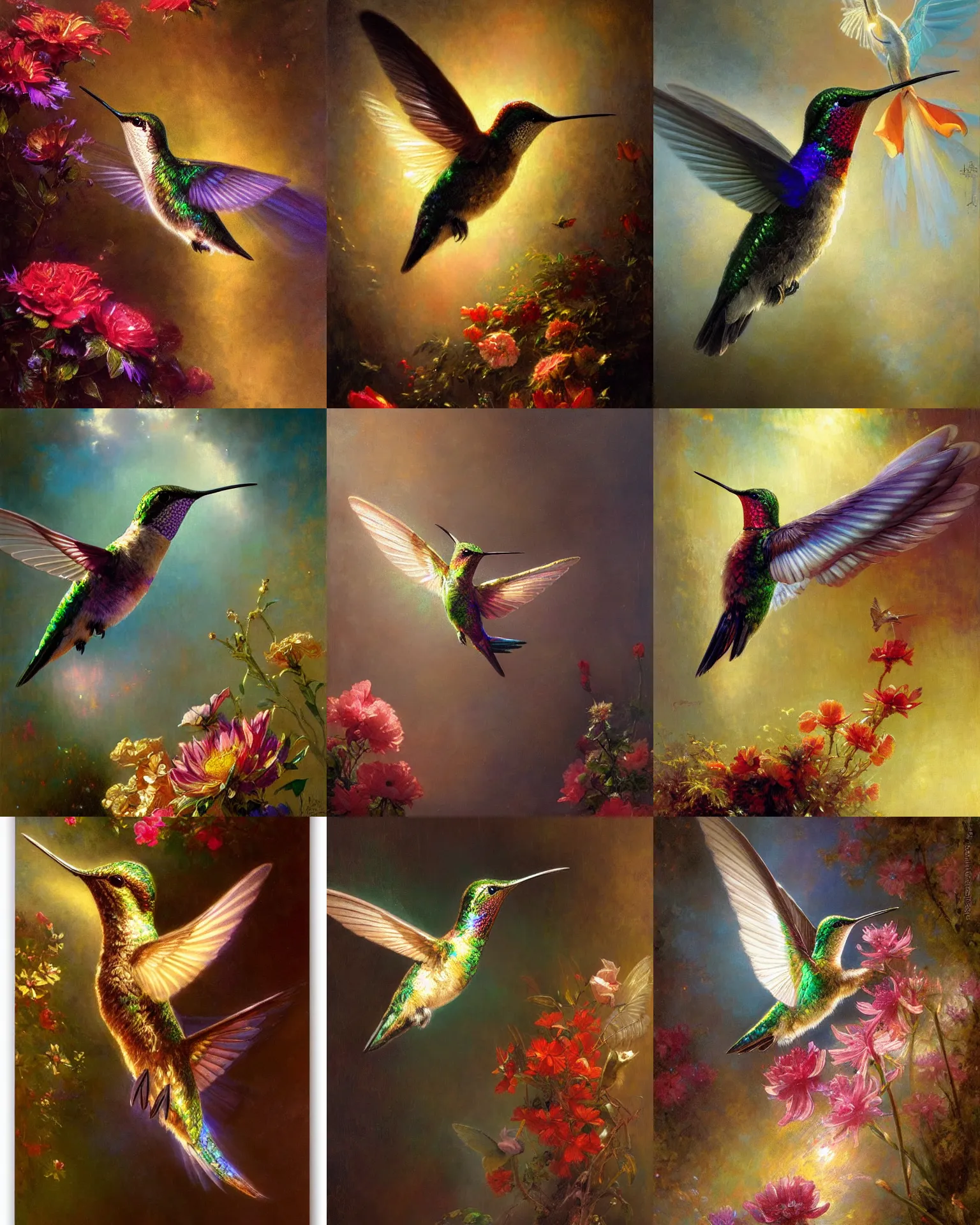 Prompt: hummingbird sipping nectar from flowers, open wings, iridescent metallic feathers radiant light, caustics, heroic, bright iridescent light, by gaston bussiere, bayard wu, greg rutkowski, maxim verehin bloom dramatic lighting