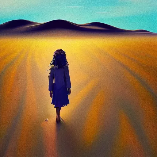 Image similar to closeup giant dahlia flower head, girl walking between dunes, surreal photography, sunrise, blue sky, dramatic light, impressionist painting, digital painting, artstation, simon stalenhag