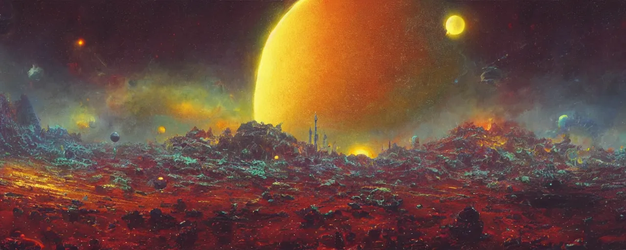 Image similar to ” outer planet covered in dripping honey, [ art by paul lehr, cinematic, detailed, epic, widescreen, opening, establishing, mattepainting, photorealistic, realistic textures, octane render ] ”