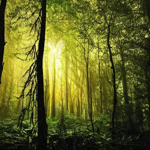 Image similar to a forest with glowing plants, magical, starts visible in the sky, wide shot, dramatic lighting