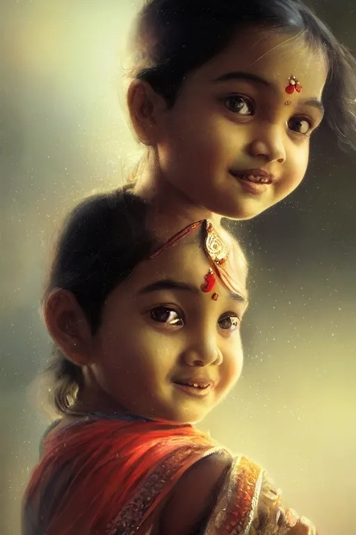 Prompt: hindu little girl, joyful, close - up portrait, intricate, elegant, volumetric lighting, scenery, digital painting, highly detailed, artstation, sharp focus, illustration, concept art, ruan jia, steve mccurry