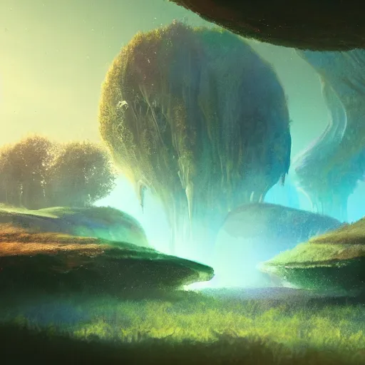 Image similar to landscape of an alien planet, beautiful, atmosphere, vibe, mist, esotic flowers, strange animals, alien plants, concept art illustration, color page, tone mapping, volumetric lighting, sunbeams, particles