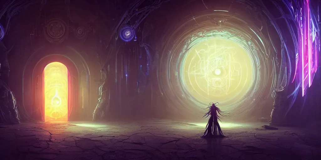 Image similar to portal to the ethereal realm, centered composition, intricate concept art, ethereal, ominous, mysterious, enchanted, magic, dramatic lighting, illuminated lines, outrun, vaporware, illuminated runes, cyberpunk darksynth, dark background, 8 k, octane render, by james paick and stephan martiniere and alphonse mucha