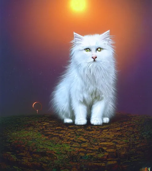 Prompt: portrait of white fluffy cat on a hill. cybertronic gadgets, vantablack cloth technology, night, rusty shapes, biotechnology, dariusz zawadzki, tim hildebrandt, wayne barlow, bruce pennington, larry elmore, oil on canvas, deep depth field, masterpiece, cinematic composition, hyperdetailed, hd, hdr