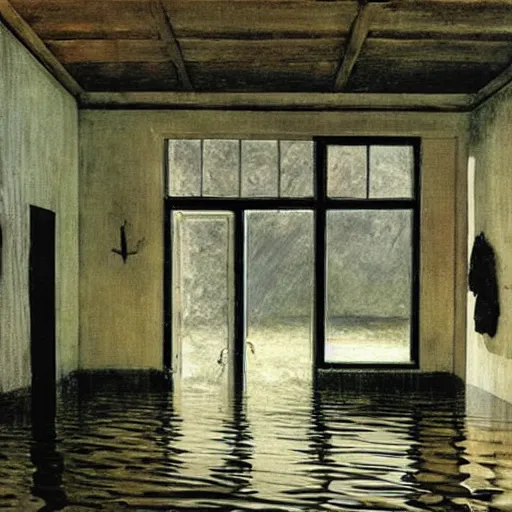 Image similar to painting of a flooded house interior, by Andrew Wyeth