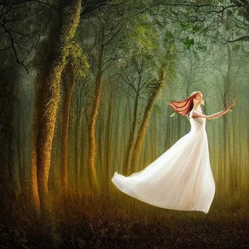 Image similar to a very detailed, high definition, dreamful, faceless, beatiful, female fairy wearing a translucent, white dress levitating in the air in a thickly vegetated forest in a wonderful fantasy world, dreamlike light incidence, surrounded by many fairies, during sunset, art style, award winning picture