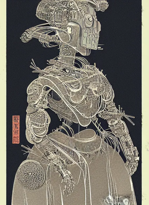 Image similar to 2 d illustration, grained risograph, old wetplate portrait of a futuristic silver armored geisha district 9 cyborg, parallax, fractal, intricate, elegant, highly detailed, subsurface scattering, by jheronimus bosch and moebius louis jacques mande daguerre and szukalski