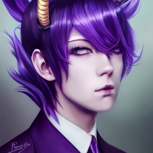 Prompt: beautiful anime woman with purple hair, ( ( ( ( ( unicorn horn ) ) ) ) ) ( ( ( purple eyes ) ) ), a purple tuxedo, sharp focus, intricate, cell shaded, award winning photography, cinematic, digital painting, cinematic, wlop, 8 k, by ross tran, tom bagshaw