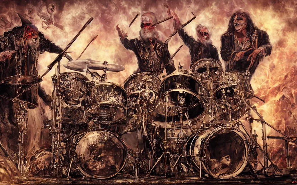 Image similar to khamenei playing drums in heavy metal band in hell, corded hanged bodies in horizon, skulls on the ground, guns, high definition, trending on artstation, unreal engine, photorealistic, high resolution,, trending on deviantart, hdr, hyper detailed, insane details, intricate, elite, ornate, elegant, luxury, dramatic lighting