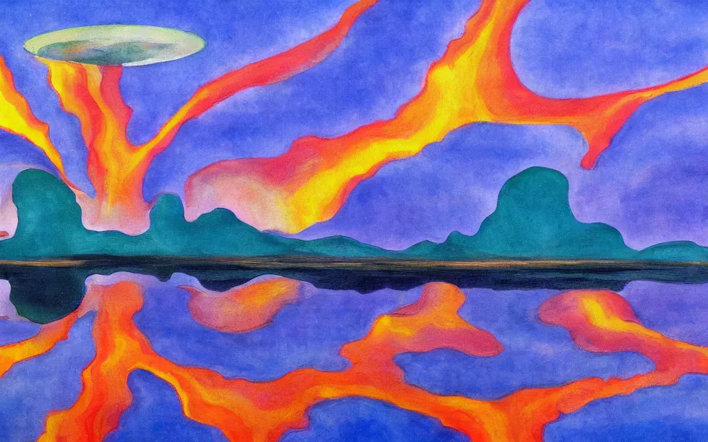 Prompt: the explosion of an atomic power plant and reflection in a lake in the style of georgia o keeffe. colorful, wavy. painting. medium long shot. perspective. color palette of blue, yellow, purple, green.