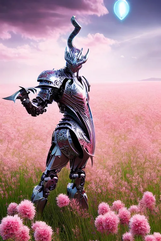 Prompt: ultrarealistic cinematic cyborg dragon holding sword in a field of pale pink flowers, highly detailed smooth digital art masterpiece, vitaly bulgarov artgerm dramatic light, ground angle uhd 8 k, sharp focus