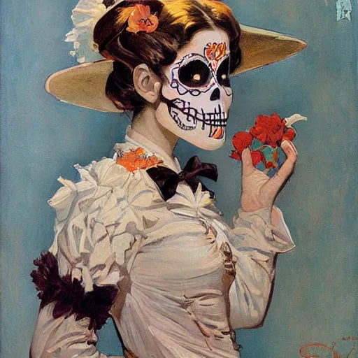 Image similar to Poster art of a cute Día de los Muertos girl by J. C. Leyendecker