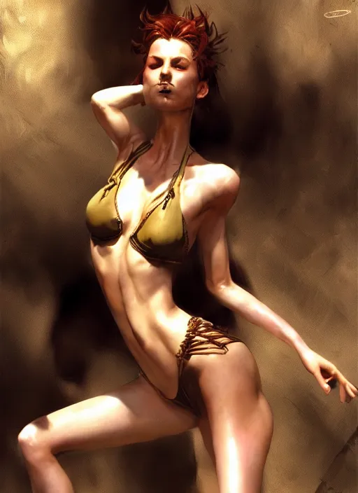 Image similar to girls posing seductively, fantasy character portrait, bikini, bodysuit, leotard, ultra realistic, wide angle, intricate details, the fifth element artifacts, highly detailed by, simon bisley craig mullins
