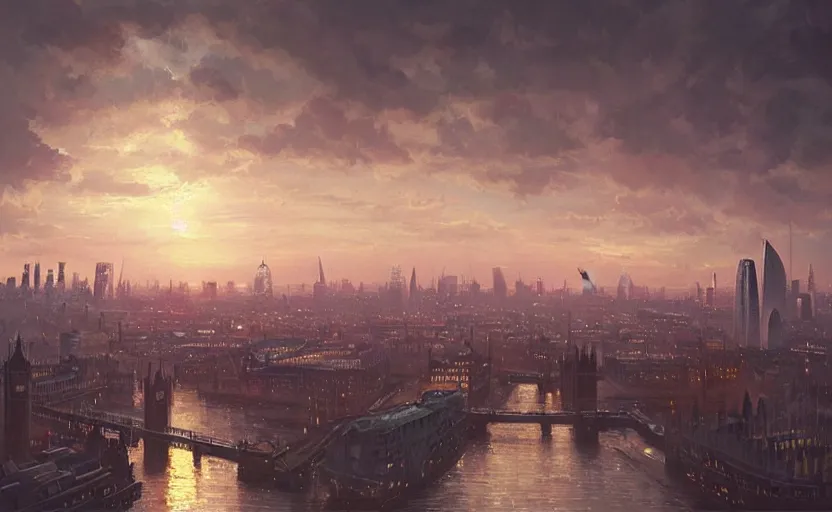 Image similar to painting of skyline of london at sunset, natural light, concept art, by greg rutkowski, cozy atmospheric and cinematic lighting