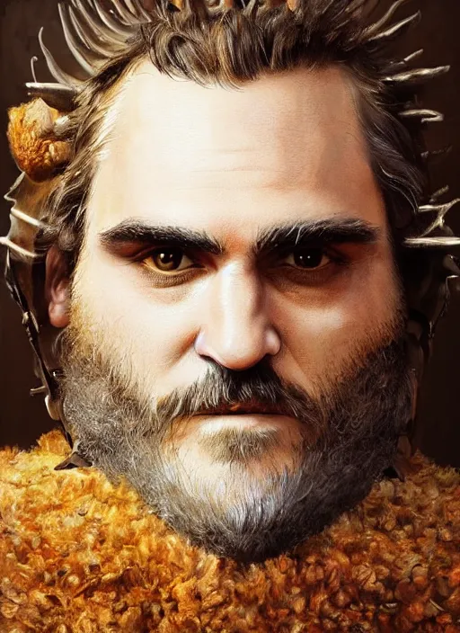 Image similar to digital painting of joaquin phoenix wearing armor made of animals, cow horns, pig nose, sheep wool, chicken feather armor, majestic, by anna podedworna and miklos ligeti, diego maricato, taran fiddler, antonino truisi, chris reddie, jinsung lim, on artstation