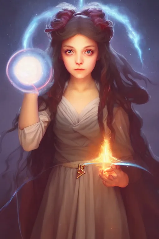 Image similar to a cute wizard girl conjuring a lightening ball, character art portrait, anime key visual, official media, illustrated by tom bagshaw, wlop, william bouguereau, extremely detailed, 8 k, trending on artstation, cinematic lighting, beautiful