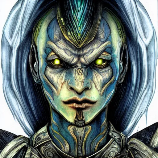 Image similar to Vivec from the Elder Scrolls in the style of Yoshitaka Amano and Ayami Kojima