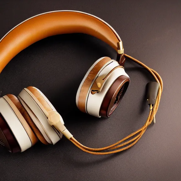 Prompt: masterpiece photo of beautiful crafted meze classics headphones in a silk padded leather case, gold metal, wood cups, leather padding, displayed on mahogany desk, modernist headphones, wood headphones beautiful well designed, hyperrealistic, audiophile, intricate hyper detail, extreme high quality, photographic, meze audio, sennheiser, hifiman