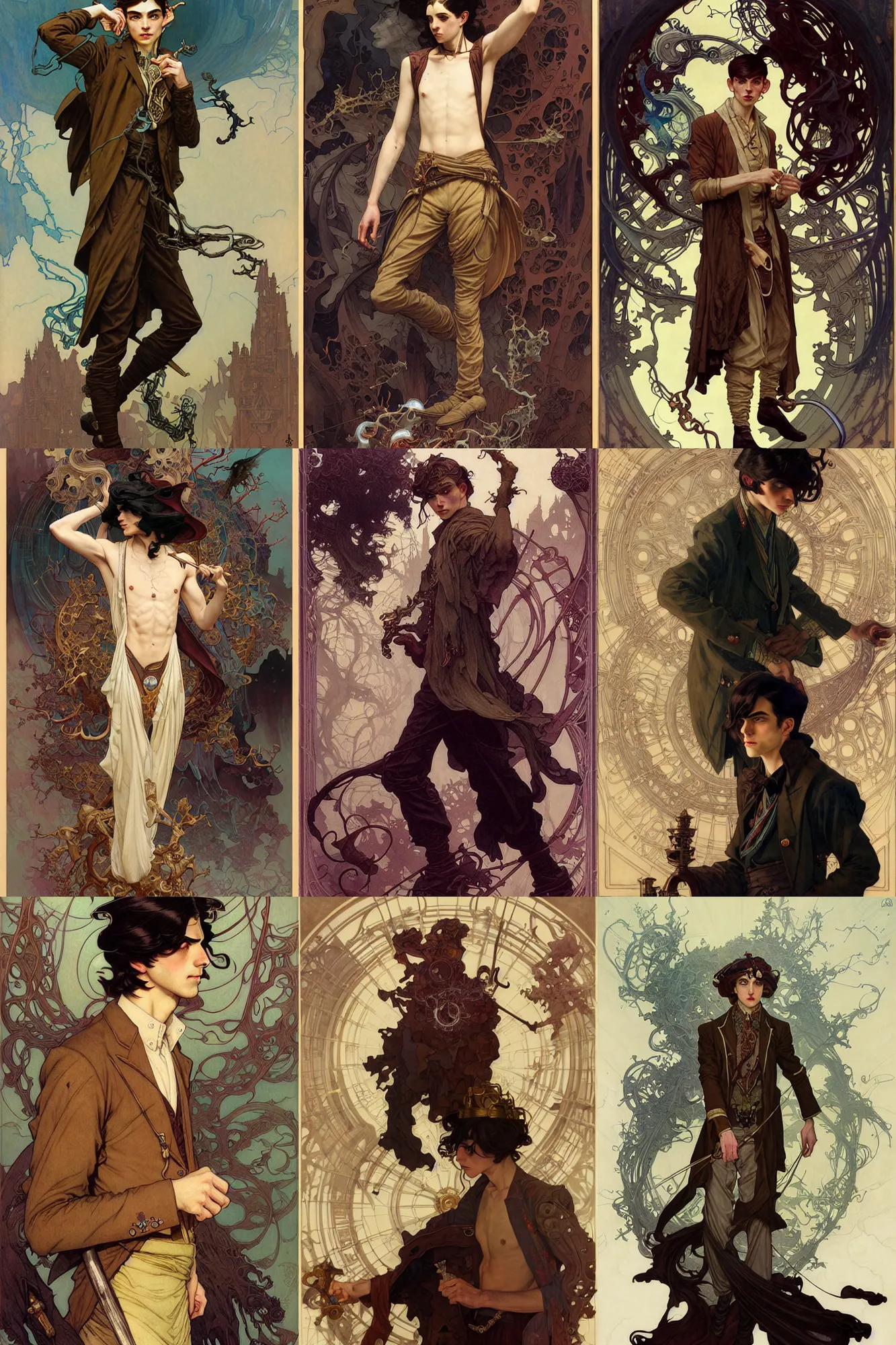 Prompt: thin young male alchemist, long dark hair, 1 9 2 0 s, fantasy, highly detailed, intricate, smooth, art by joseph leyendecker, peter mohrbacher, ruan jia, marc simonetti, ayami kojima, cedric peyravernay, alphonse mucha, victo ngai