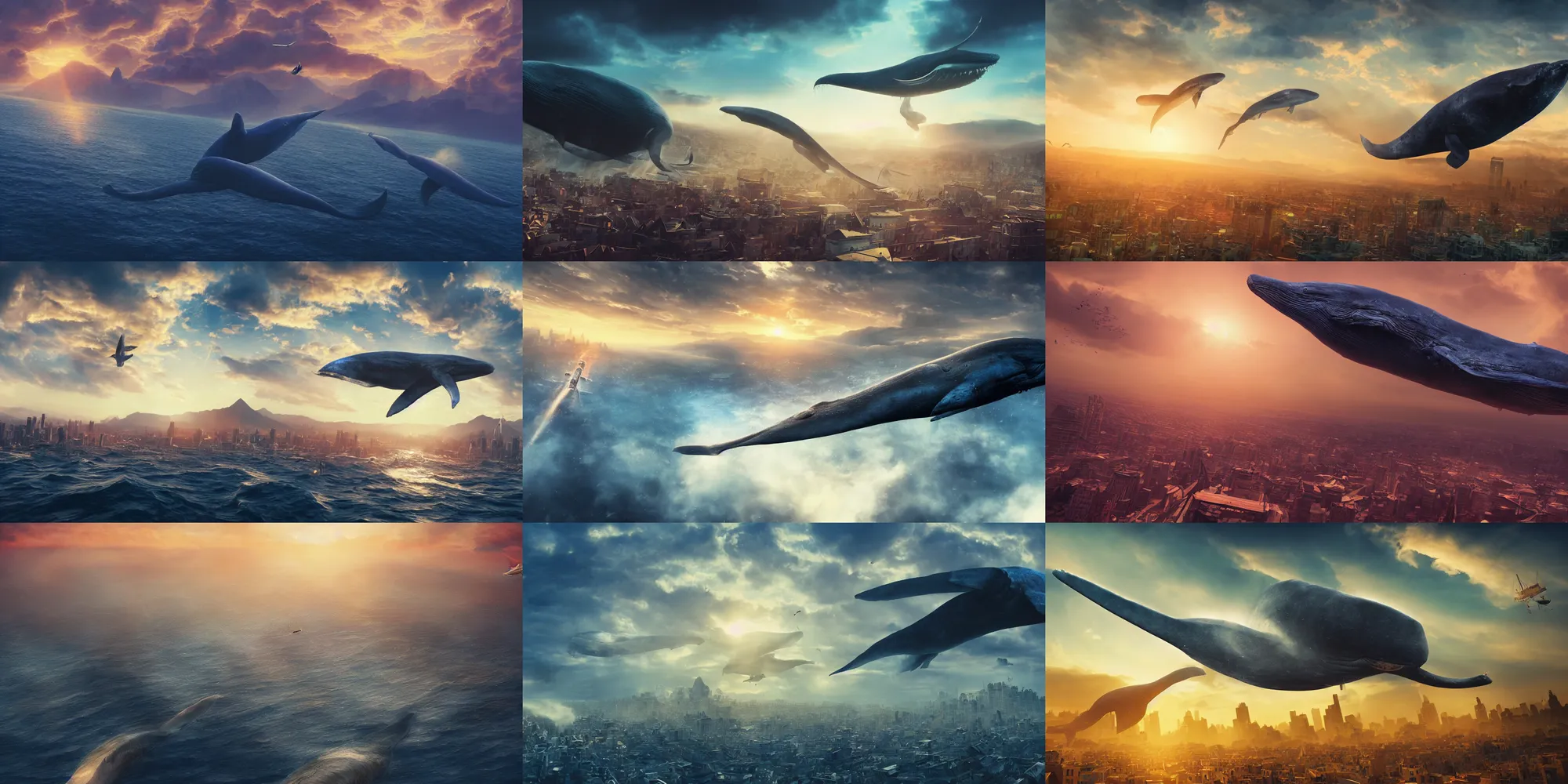 Image similar to a huge blue whale is flying above a city, epic, surreal, cinematic shot, golden hour, artstation, deviantart, dreamy atmosphere, high definition