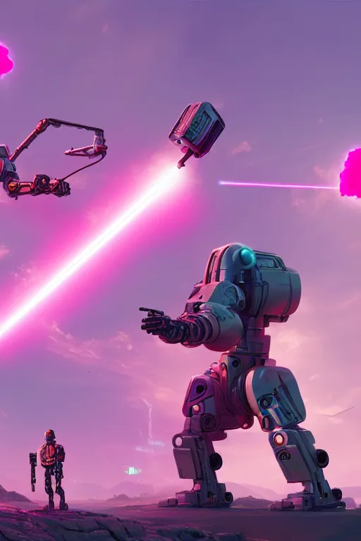 Prompt: One large cyborg shooting a pink laser at a cyborg unicorn, epic, ultra hd, Painting By Simon Stalenhag, unreal 5, DAZ, hyperrealistic, octane render, dynamic lighting, intricate detail, summer vibrancy, cinematic