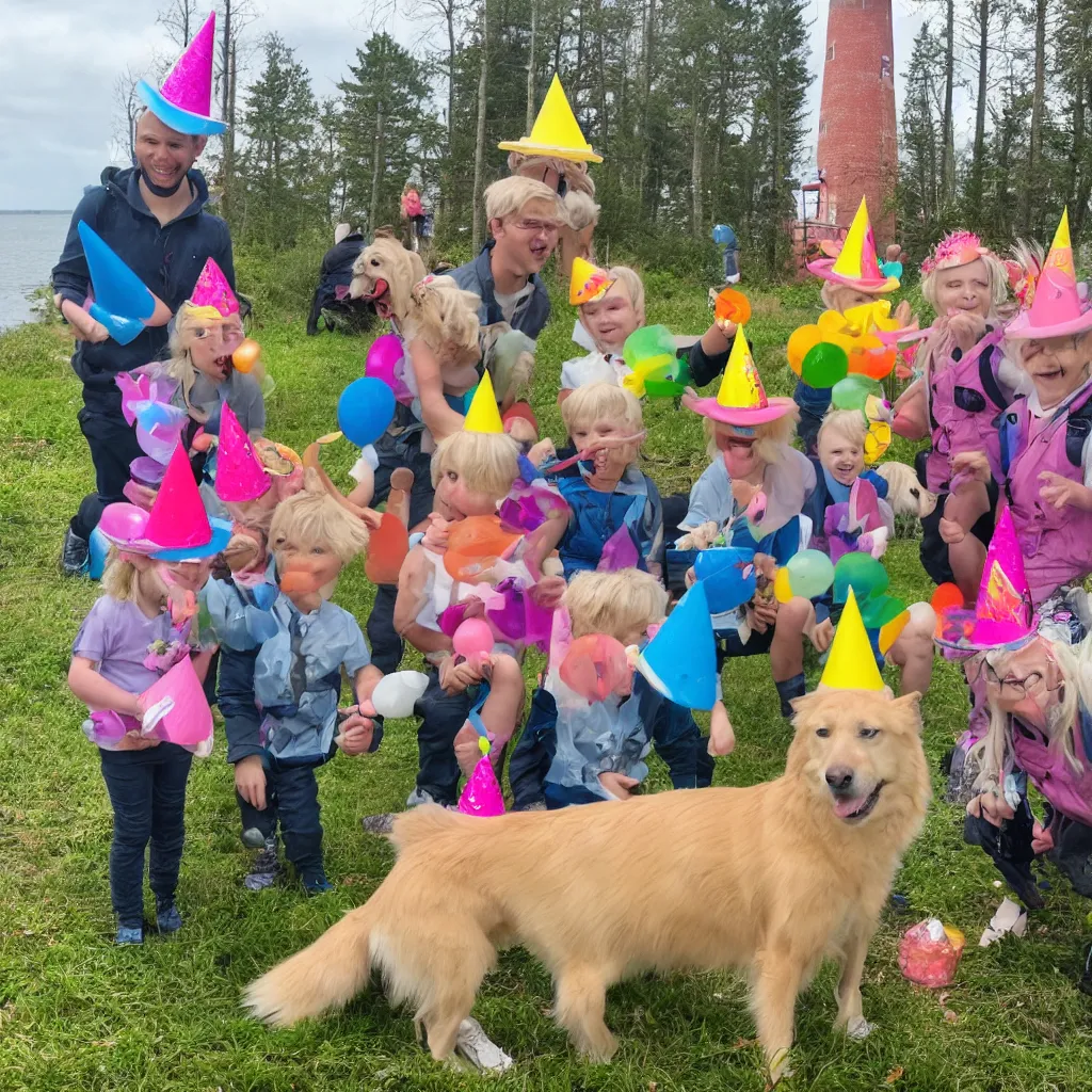 Prompt: one blond guy and a dog with birthday hats, celebrating a birthday party in a forest, with chocolate cakes slices, unicorns and kayaks, with a lighthouse in the background