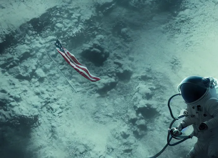 Image similar to astronaut underwater putting a flag in the sand of the bottom of the ocean. there is a submarine behind the astronaut in the distance. dark, concept art, cinematic, dramatic, atmospheric, 8 k, trending on artstation, low visibility, zack snyder